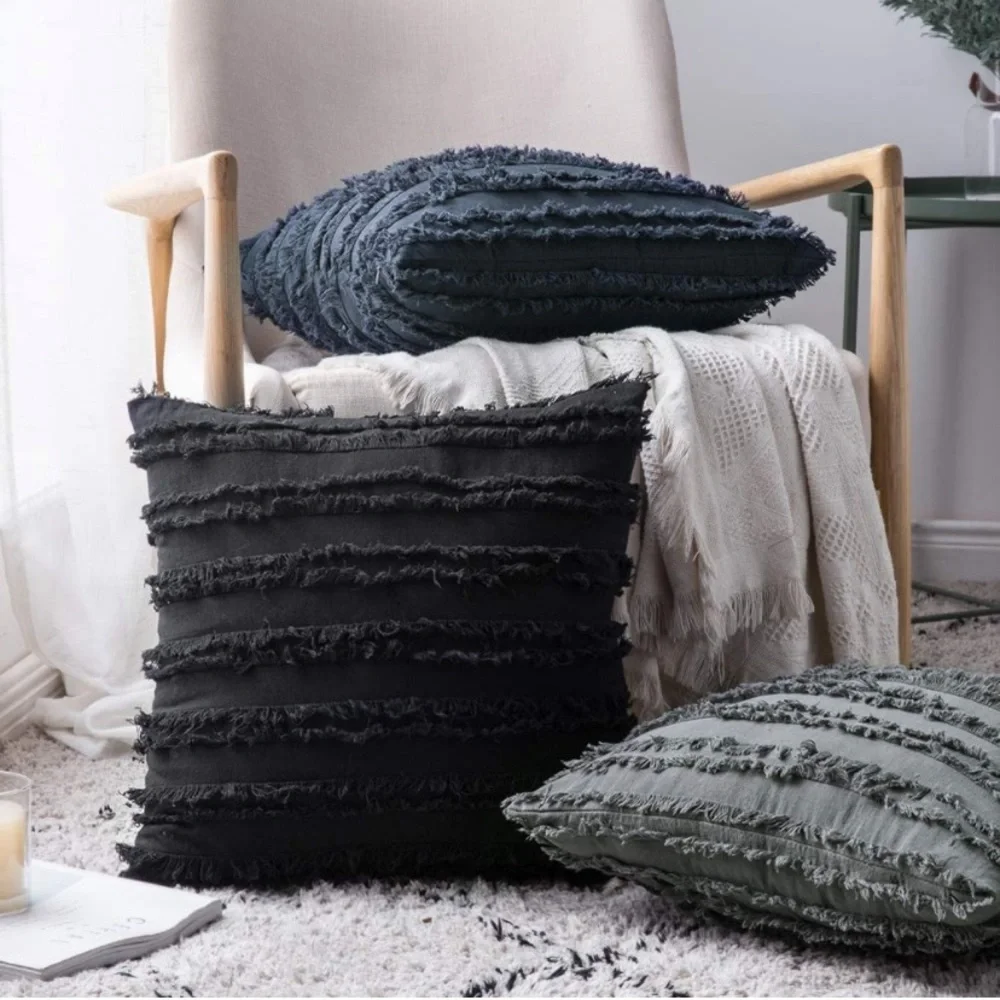 Luxury Home | Boho Chic Dark Grey Frayed Striped Jaquard Throw Pillow Covers